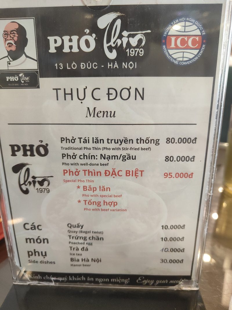 Thực đơn Phở Thìn