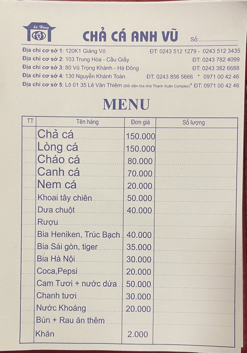 Thực đơn Chả cá Anh Vũ