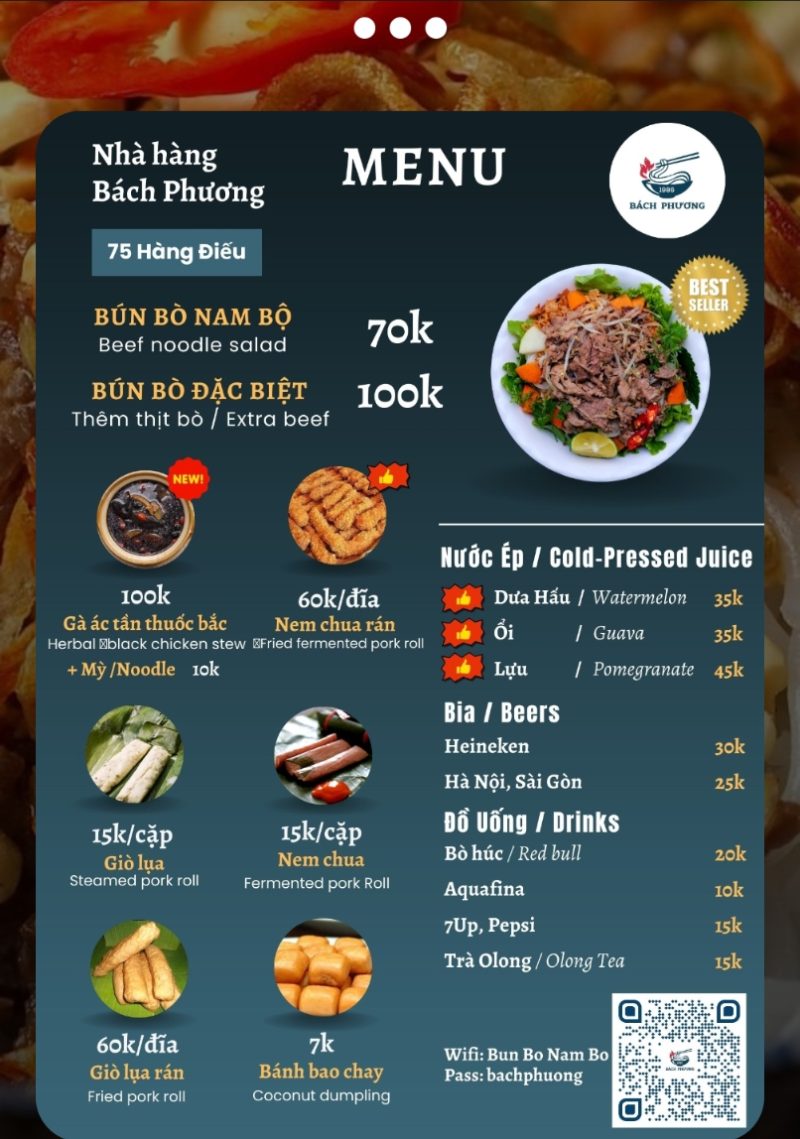 Thực đơn Bún bò Nam Bộ Bách Phương