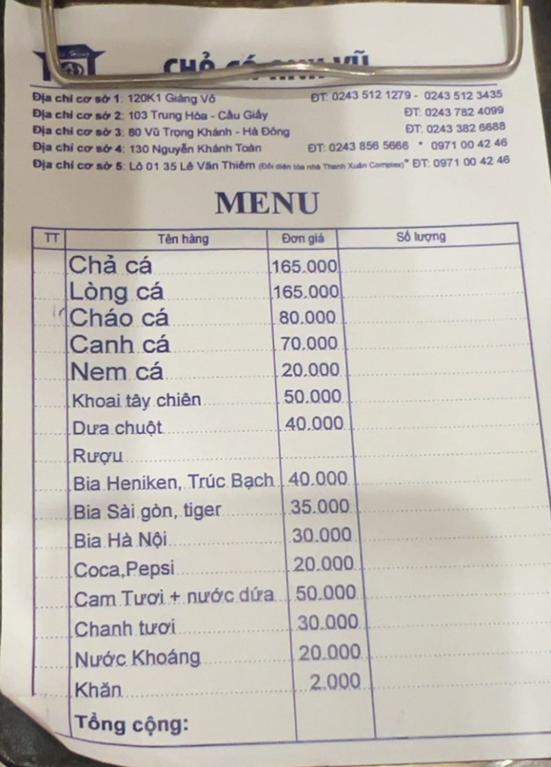 Thực đơn Chả cá Anh Vũ 2