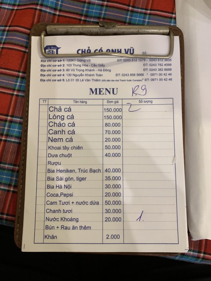 Thực đơn Chả cá Anh Vũ 5
