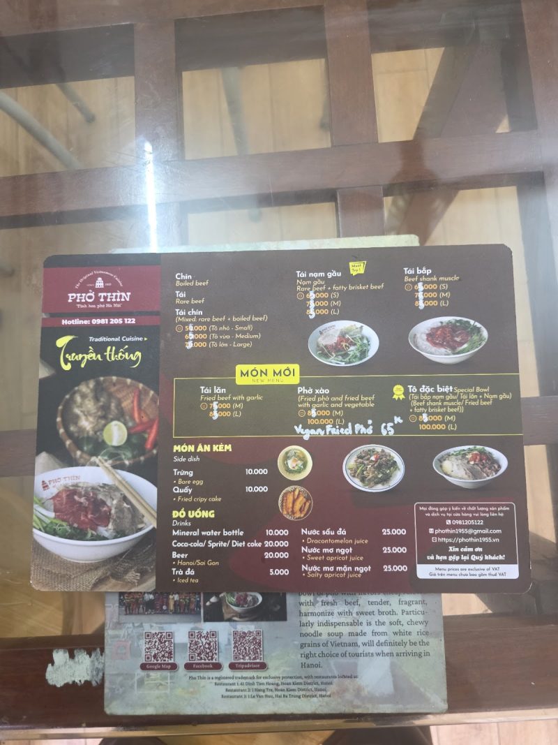 Thực đơn Phở Thìn 2