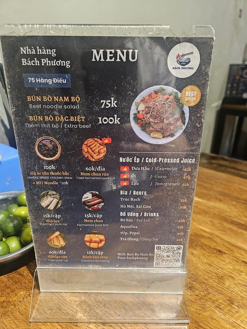 Thực đơn Bún bò Nam Bộ Bách Phương 3